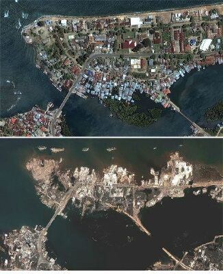 Satelittbildene viser byen Banda Ache i Indonesia. Det øverste bilde er tatt 23. juni 2004 mens det nederste bilde er fra samme område 28. desember 2004. Foto: DIGITALGLOBE