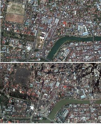 Flere detaljer fra byen Banda Aceh før og etter naturkatastrofen. Øverste bilde er tatt 23.juni 2004, mens det nederste er tatt 28 desember 2004. Foto: DIGITALGLOBE