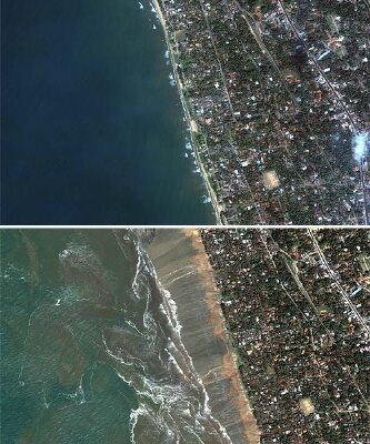 Bilder fra stranden Kalutara Beach i Sri Lanka før og etter katastrofen. Bildene er tatt henholdsvis 1. jaunuar 2004 og 26.desember 2004. Foto: DIGITALGLOBE