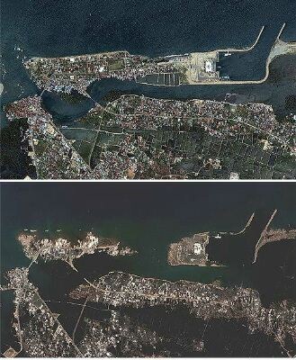 Satelittbilde av Banda Aceh Northern Shore før og etter naturkatastrofen. Foto: DIGITALGLOBE