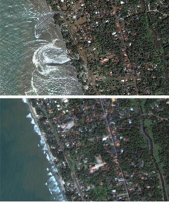 Satelittbilde fra Kalutara Beach - Sri Lanka - 26.desember og 1.januar 2004. Foto: DIGITALGLOBE