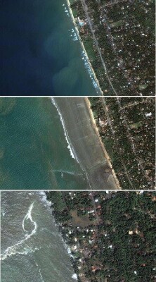 Satelittbilder viser stranden Kalutara Beach - Sri Lanka hvor vannet trakk seg tilbake 136 meter fra land, før det igjen veltet innover landområdene, hvor tusenvis av uskyldige mennesker måtte bøte med livet.  Øverste bildet fra 1.januar 2004 og de to nederste fra katastrofedagen 26.desember 2004. Foto: DIGITALGLOBE